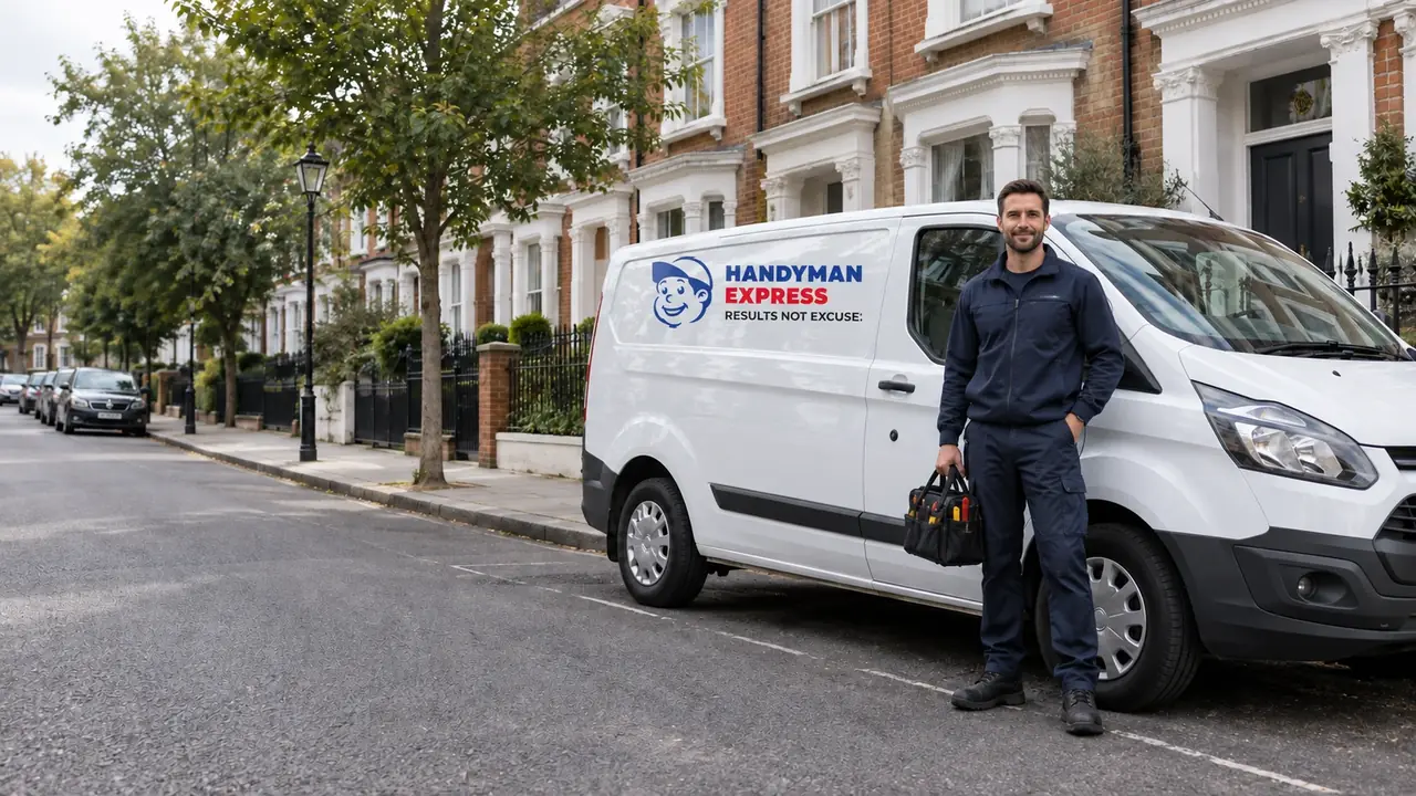 Handyman Express professional beside a branded service van on a London residential street