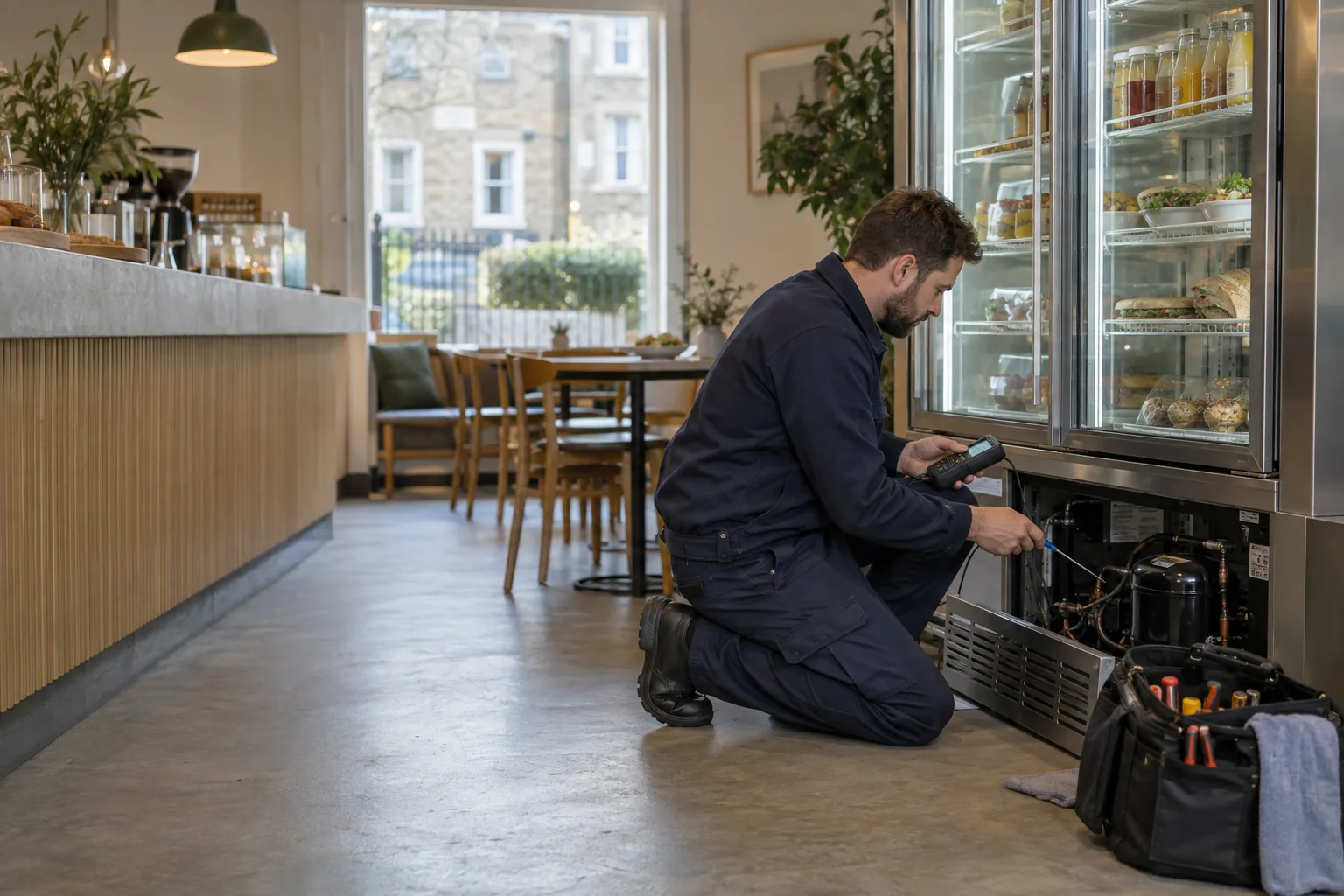 Commercial fridge repair professional working in a London property
