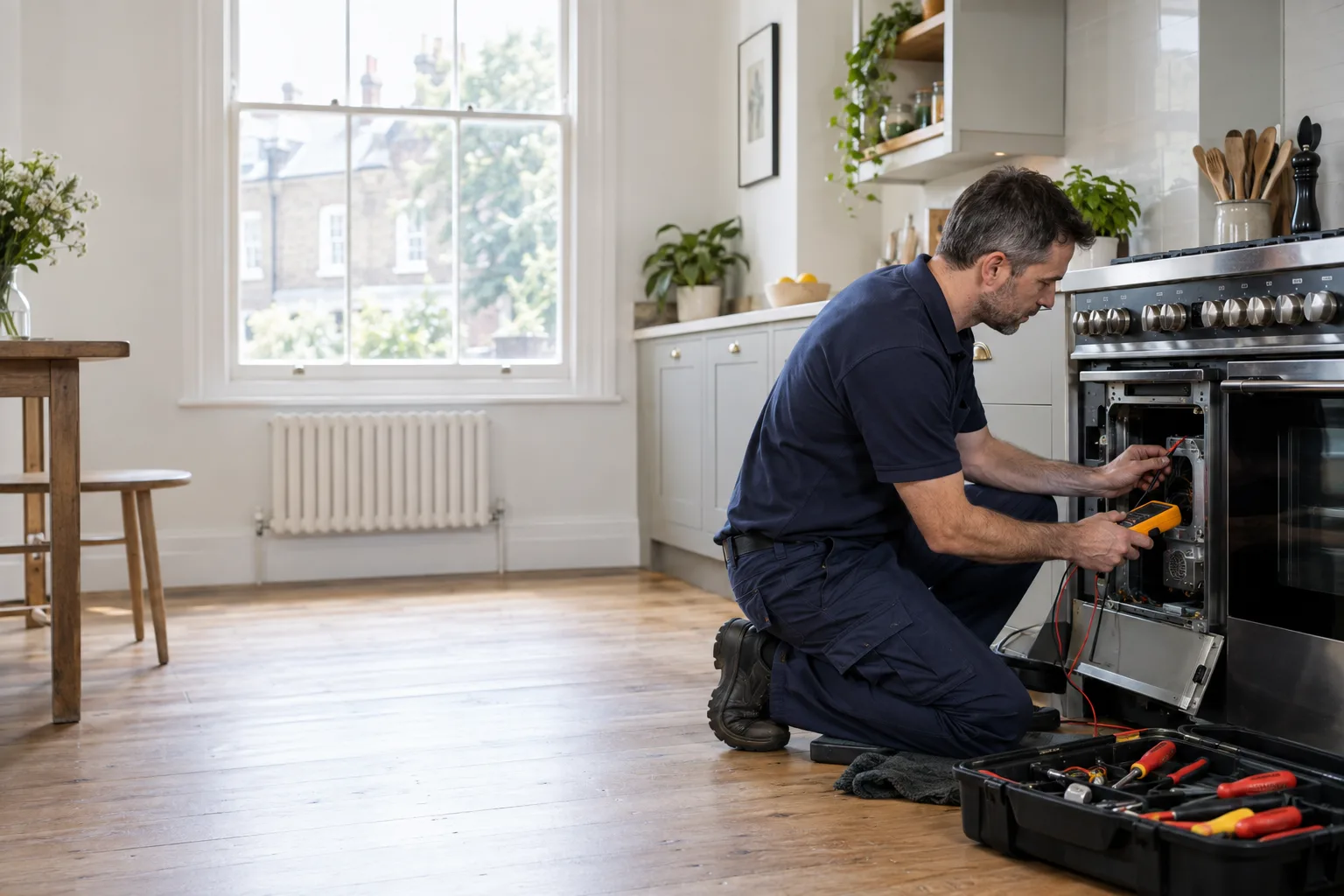 Cooker repair professional working in a London property