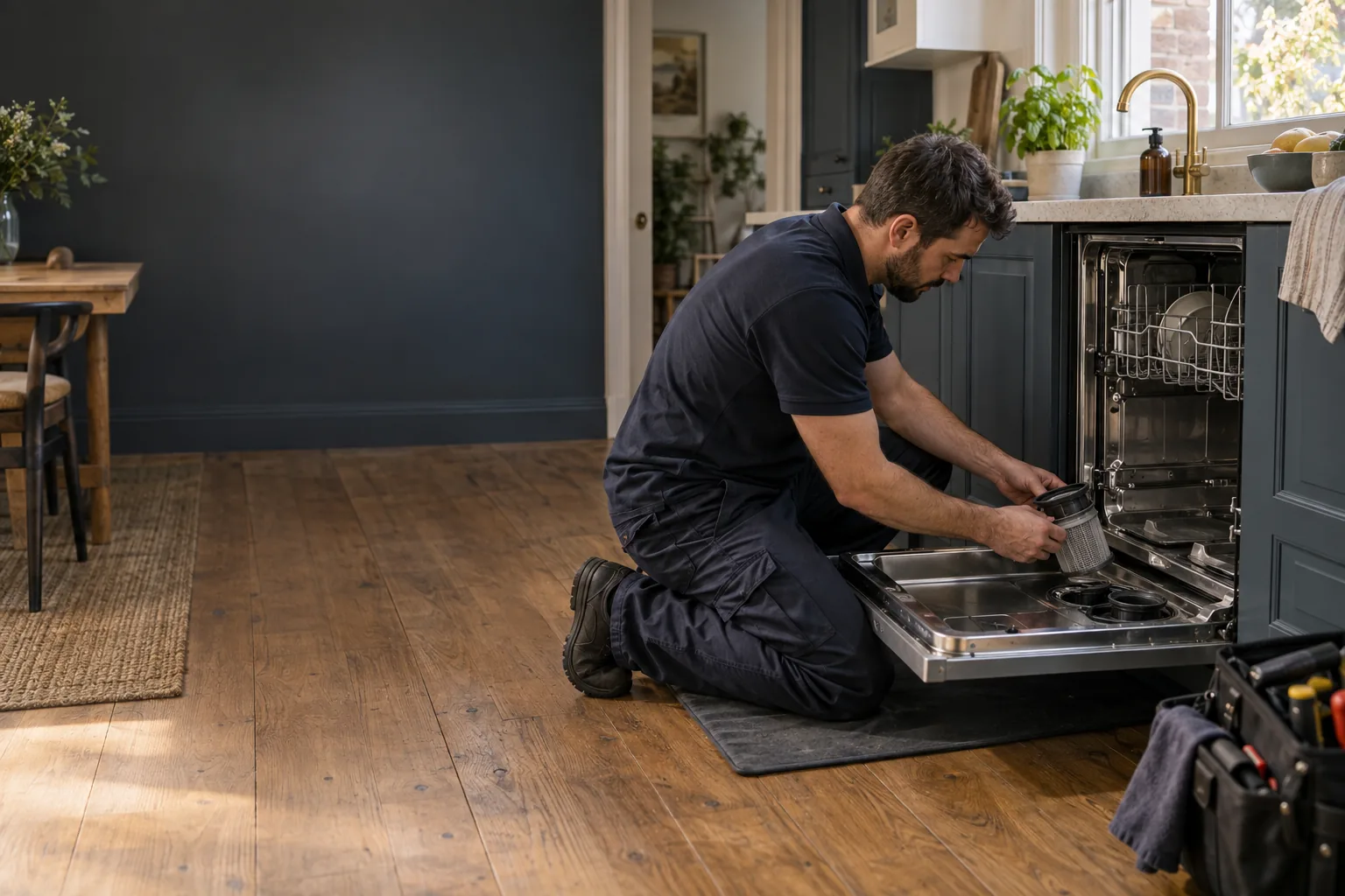 Dishwasher repair professional working in a London property