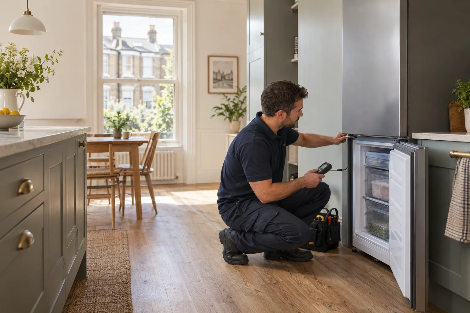 Fridge freezer repair professional working in a London property