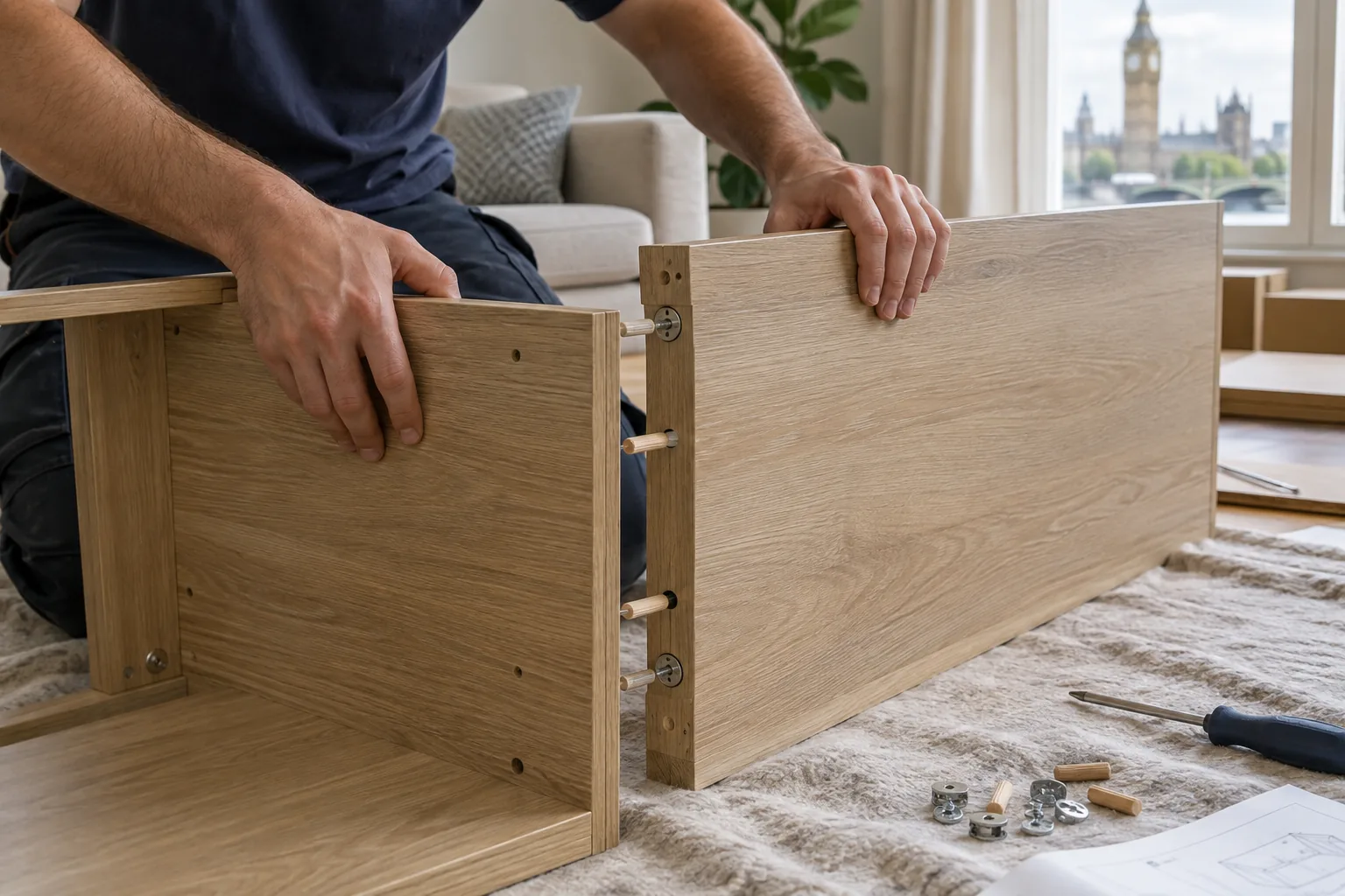 Furniture components arranged and assembled carefully