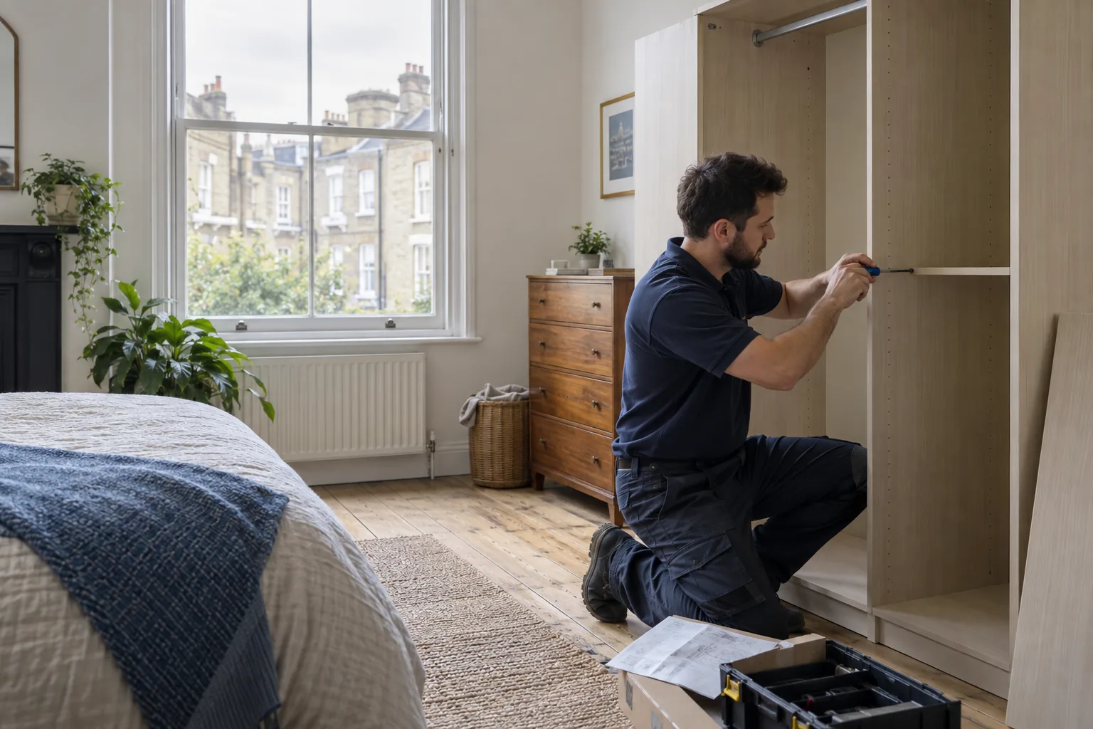 Furniture assembler working carefully in a bright London room