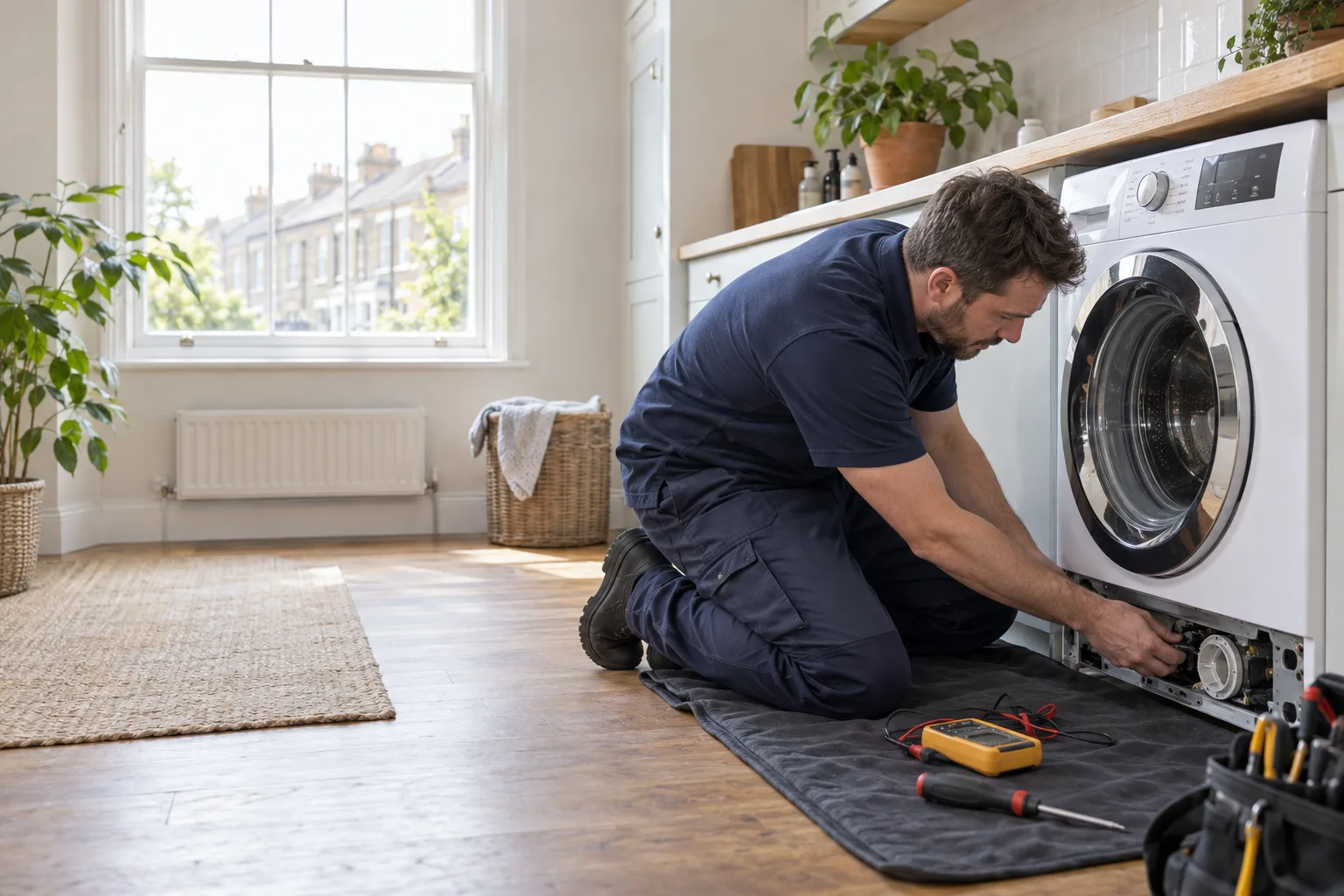 Washing machine repair professional working in a London property