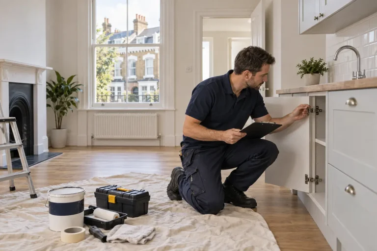 Handyman inspecting a kitchen cabinet between tenancies in a London flat