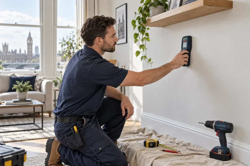 Handyman scanning a wall for cables and pipes before drilling