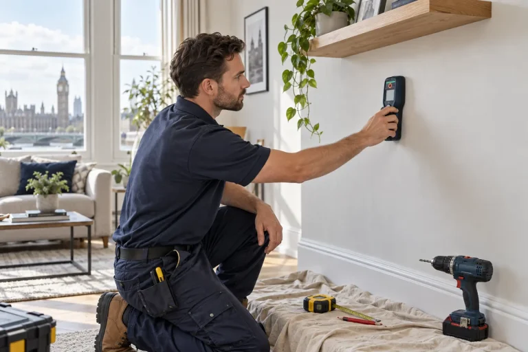 Handyman scanning a wall for cables and pipes before drilling